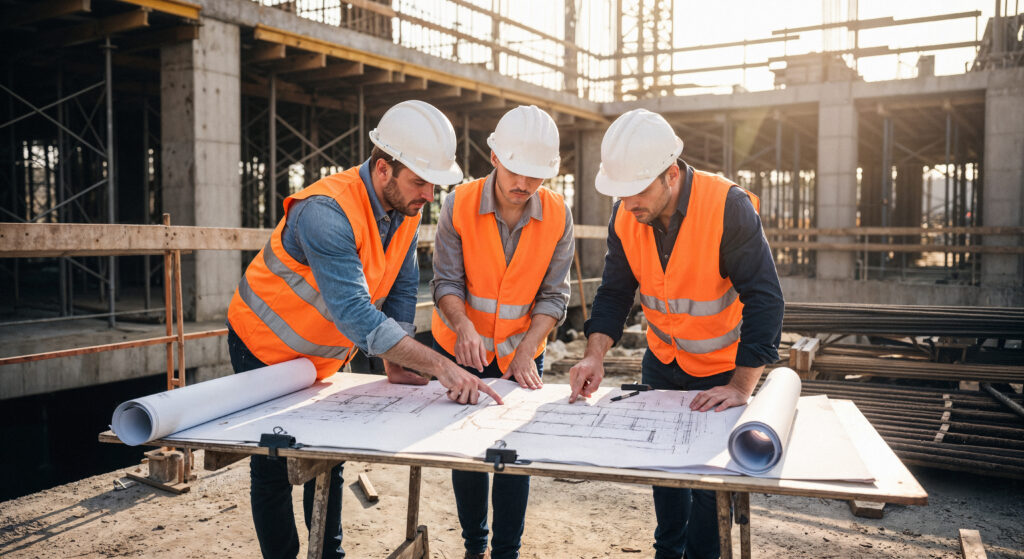 construction-workers-collaborating-blueprints-construction-site
